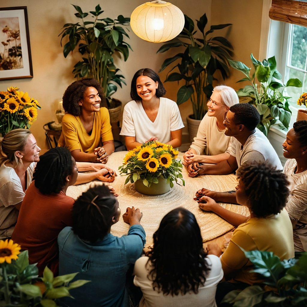 A heartwarming scene depicting a diverse group of people in a cozy circle, sharing stories and laughter in a bright, inviting room filled with plants and soft lighting. Visual elements of supportive gestures, such as hugs and hand-holding, should be emphasized, highlighting the sense of community. Include symbols of hope like ribbons and sunflowers, representing cancer awareness. warm tones, soft focus, intimate setting, inviting atmosphere. vibrant colors.
