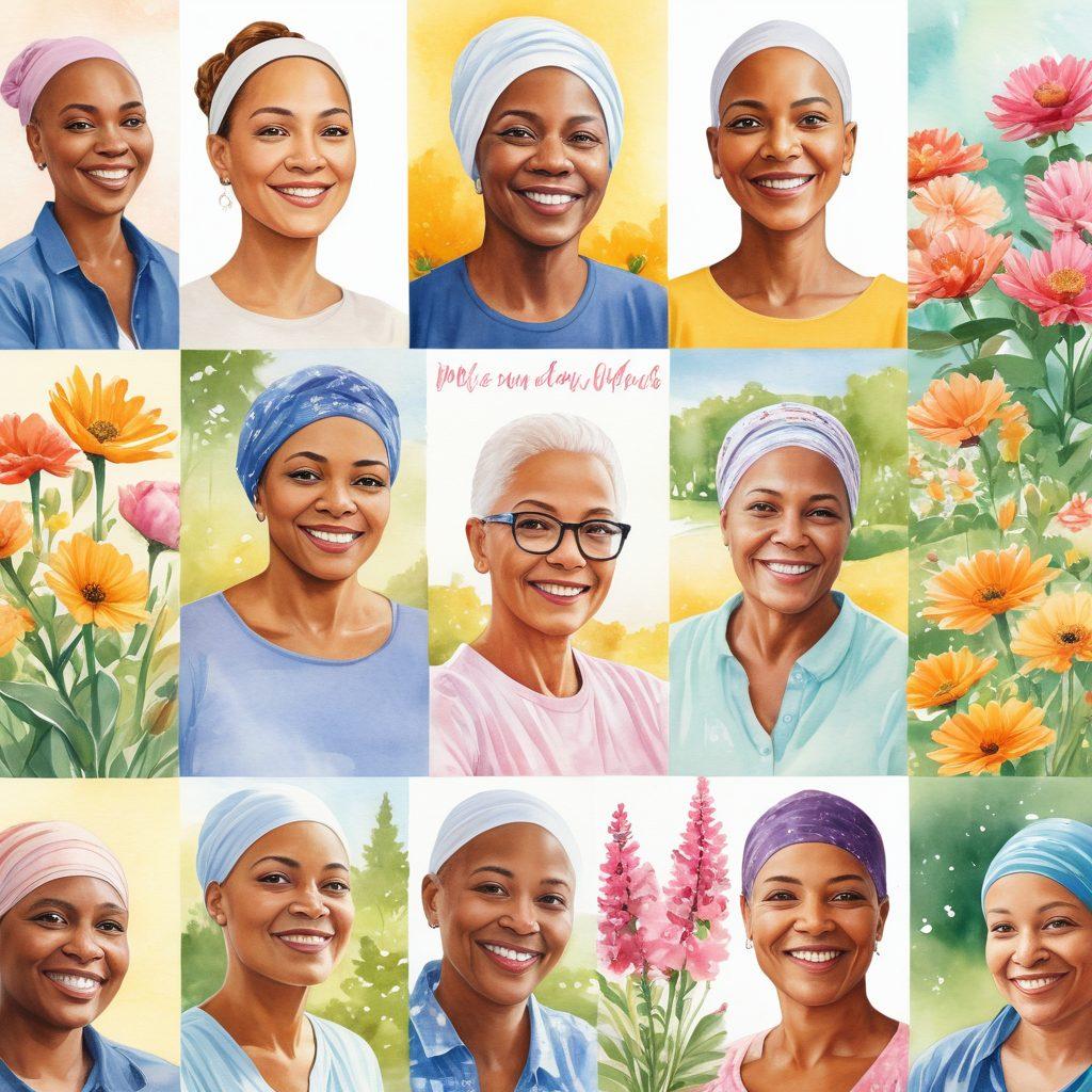 A collage of diverse cancer survivors, each showcasing their unique stories of resilience, surrounded by elements symbolizing hope and wellness, like blooming flowers, uplifting quotes, and healing hands. Bright sunlight filters through, creating a warm and inspiring atmosphere. The background features a serene community setting, promoting unity and support. watercolor art. vibrant colors. uplifting tones.